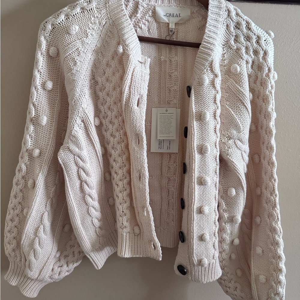 THE GREAT. Cream Cable Knit Cardigan Sweater